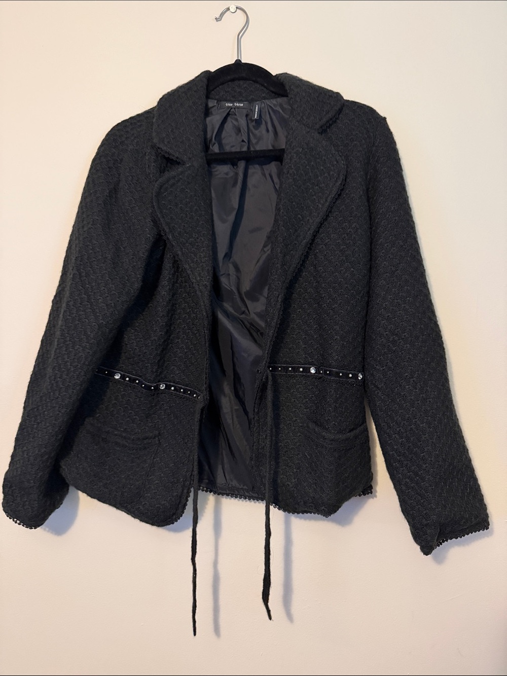 Black Textured Open Blazer with Studded Waist Detail size medium like new